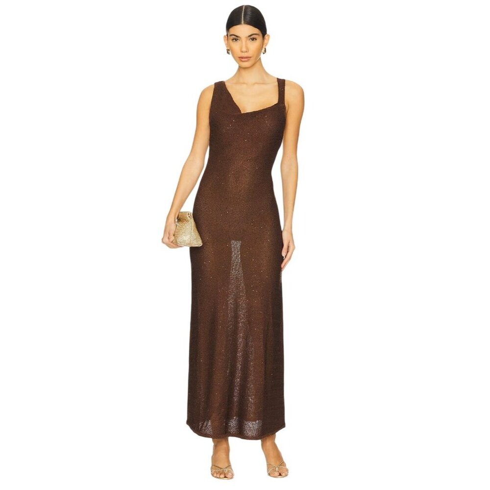 SOVERE Spark Dress in Coffee Medium New Womens Knit Crochet sequin Maxi Gown